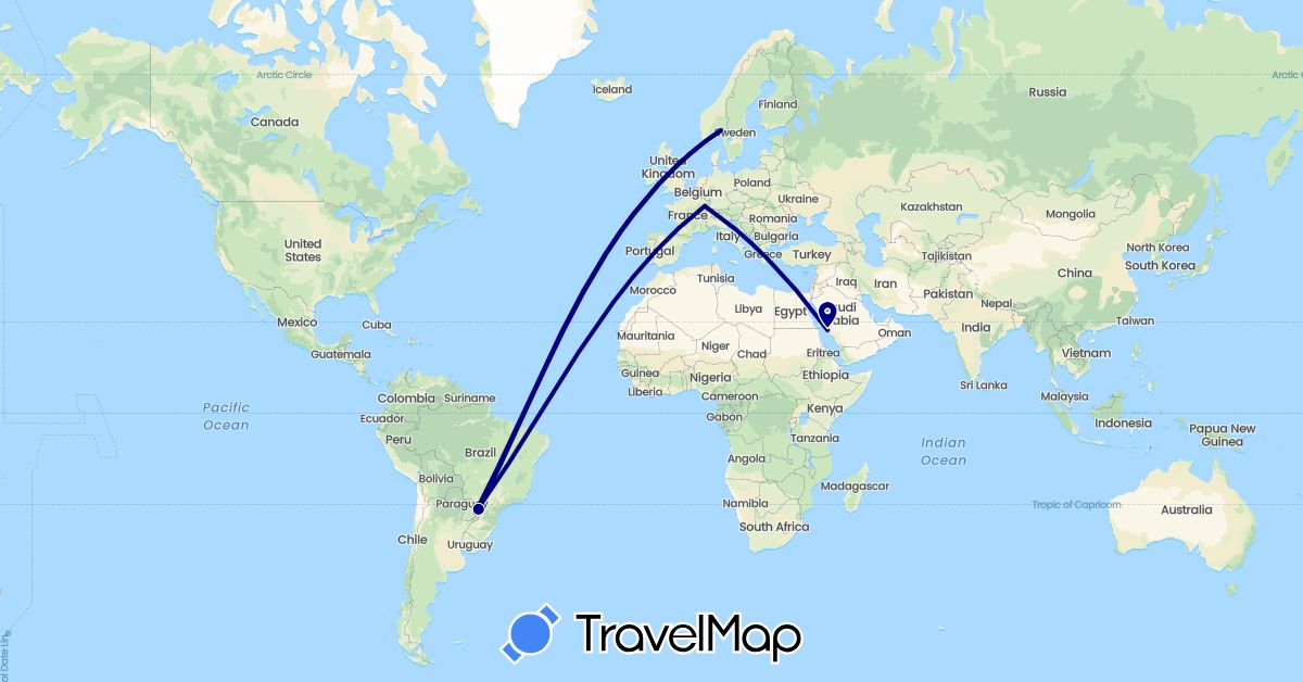 TravelMap itinerary: driving in Brazil, France, Norway, Saudi Arabia (Asia, Europe, South America)
