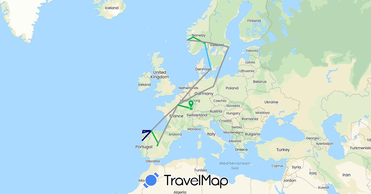 TravelMap itinerary: driving, bus, plane, boat in Germany, Denmark, Spain, France, Norway, Portugal, Sweden (Europe)